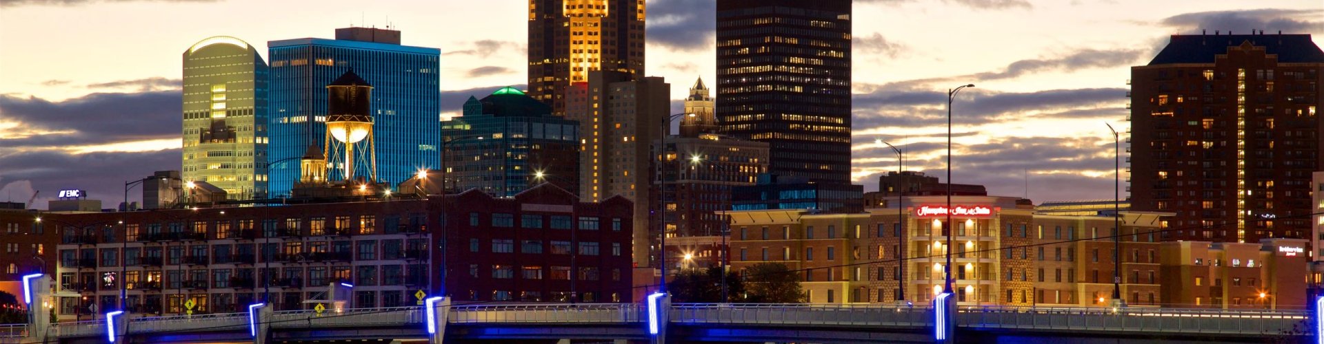 Evening riverside shot of Des Moines, IA, US