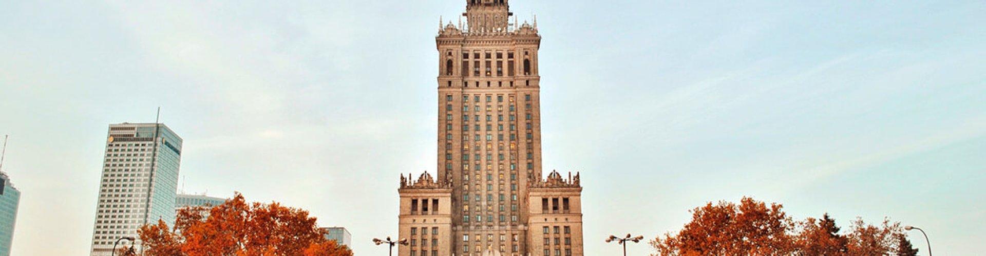 Evening riverside view of Warsaw