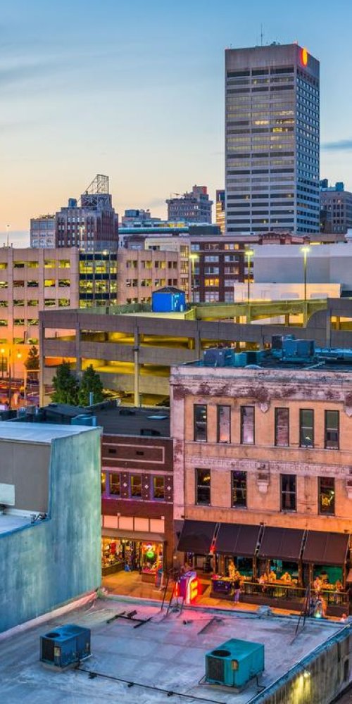 Street view in Memphis showing tram and pedestrians