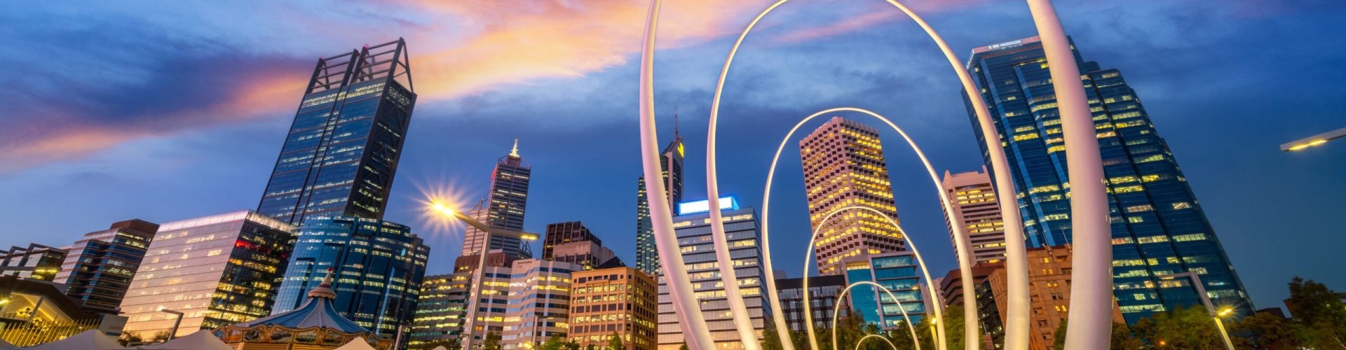 Evening riverside shot of Perth skyline