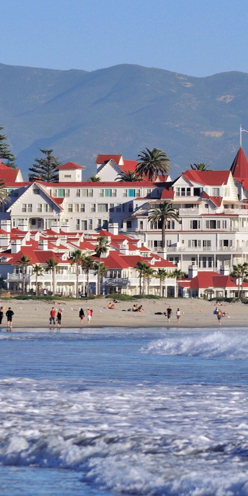 Street view in Coronado with bicycles and palm trees