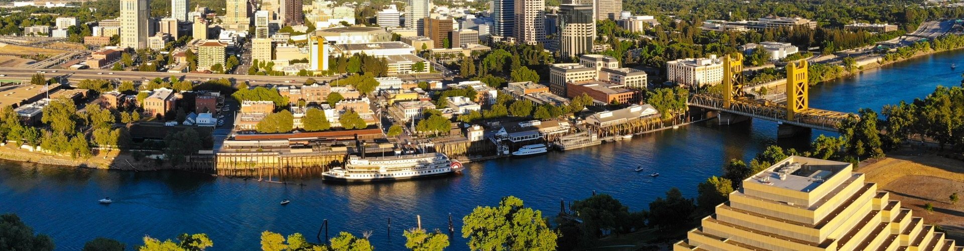 Evening riverside shot of Sacramento, CA, US