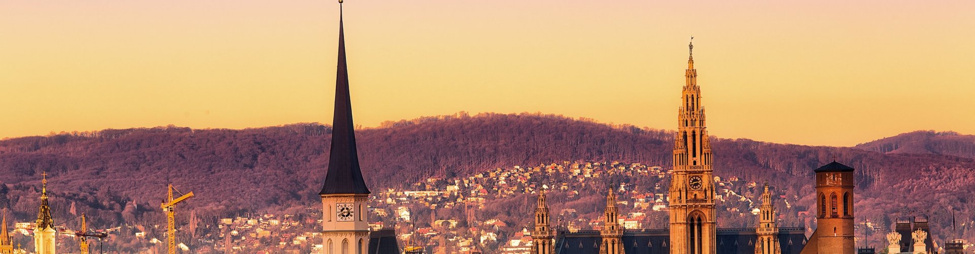 Evening riverside view of Vienna, AT