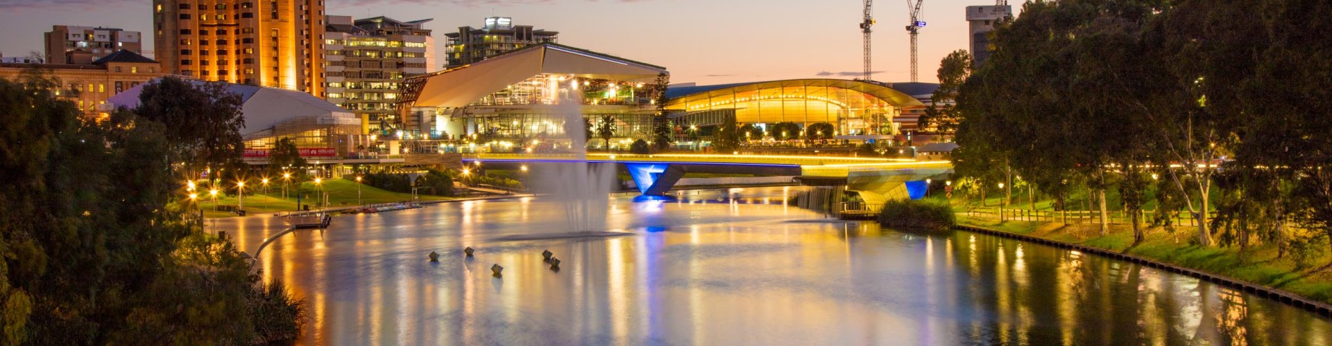 Evening riverside view of Adelaide, AU