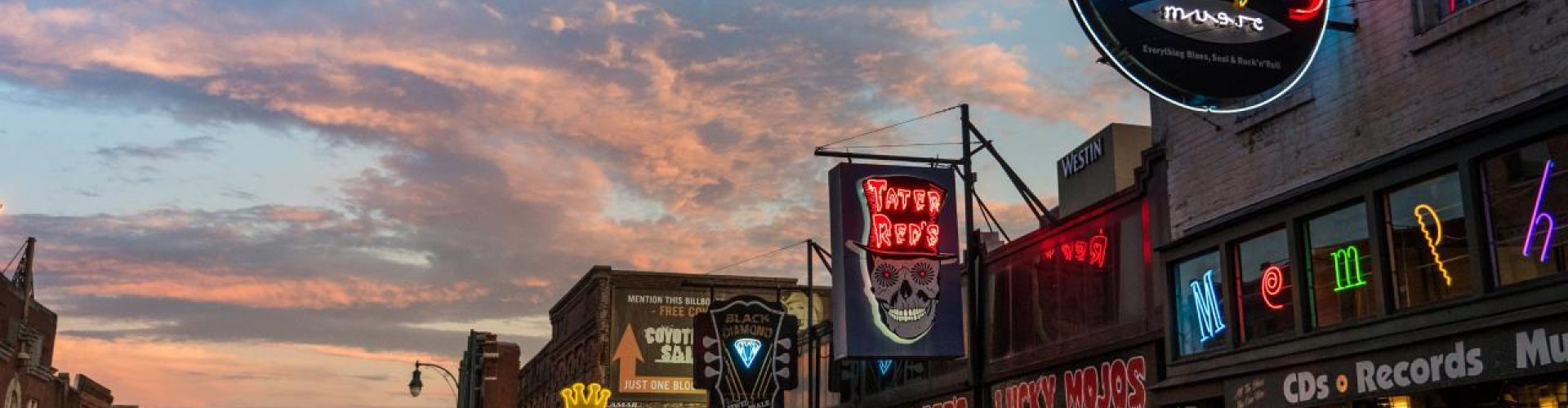 Evening riverside shot of Memphis, TN, US